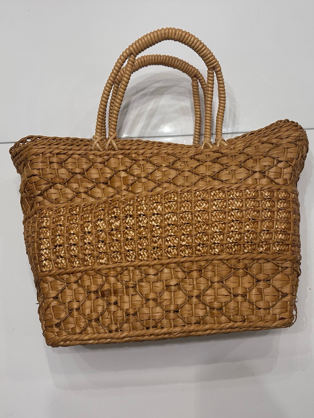 Vintage Handwoven Straw Market Basket Tote Bag Floral Lined Boho - Picture 4 of 13
